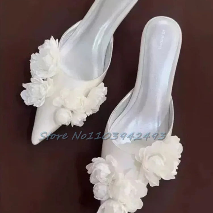 Multi Flower Wedding Sandals Satin Pointed Toe White Pull On High Heel Solid Slip On Blossom Shallow Outdoor Dress Party Mules