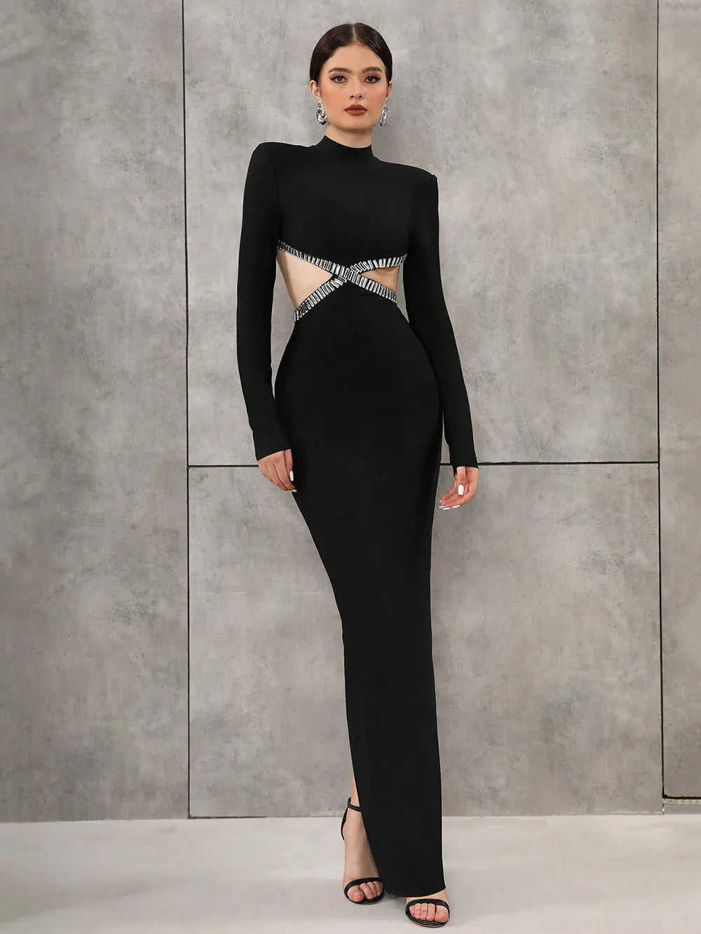 2025 Women'S Light Luxury Nail Bead Sexy Backless Bandage Dress Stand Collar Long Sleeved Bodycon Backless Long Dress Vestidos