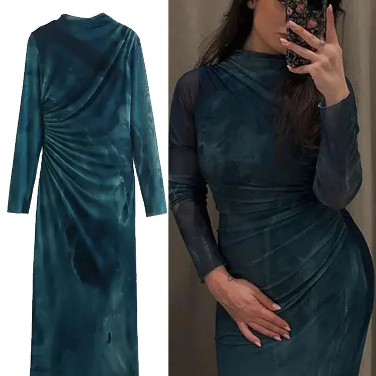 Woman Silk Mesh Midi Dress Autumn Women Long Sleeve Vintage Long Dress Female Elegant Slim Dress