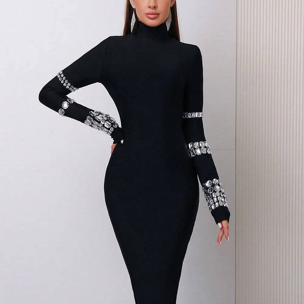 2025 Elegant Women's Bead Design Bandage Dress High Neck Long Sleeve Bodycon Flute Dress Cocktail Evening Party Vestidos