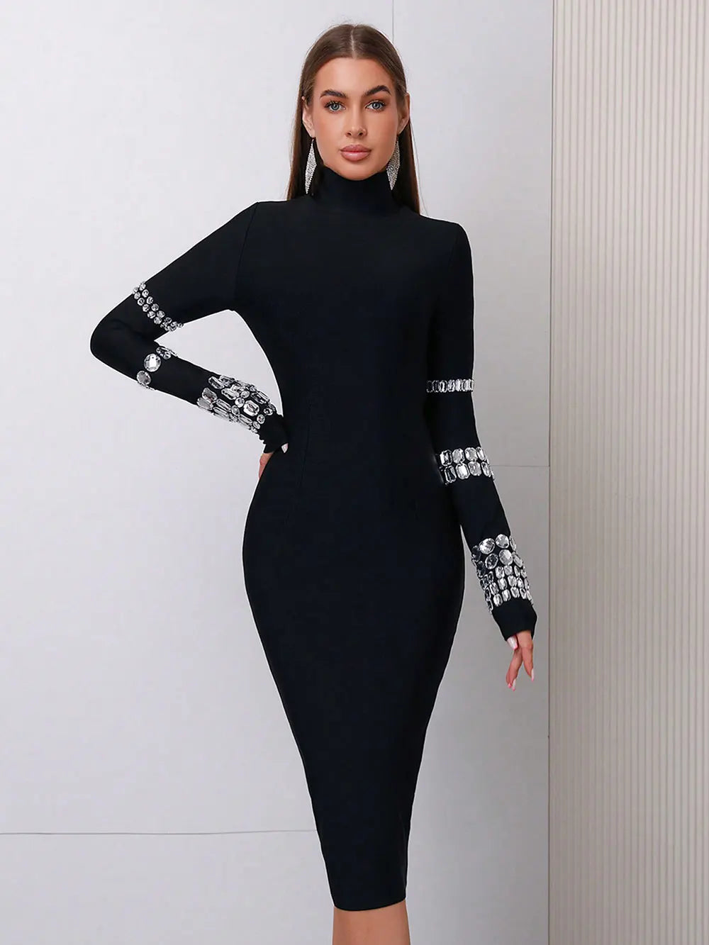 2025 Elegant Women's Bead Design Bandage Dress High Neck Long Sleeve Bodycon Flute Dress Cocktail Evening Party Vestidos