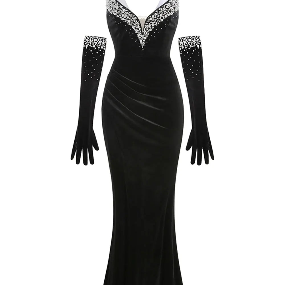 2025 Women's Light Luxury Nail Bead Design Velvet Dress+Neck+Glove Design Strapless Sleeveless Bodycon Split Body Long Dresses