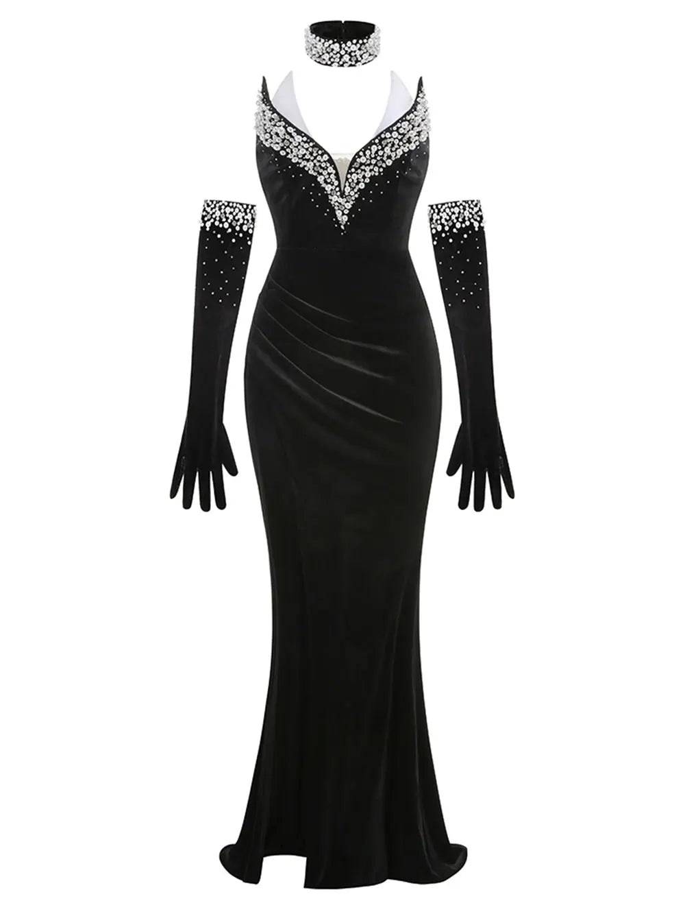 2025 Women's Light Luxury Nail Bead Design Velvet Dress+Neck+Glove Design Strapless Sleeveless Bodycon Split Body Long Dresses