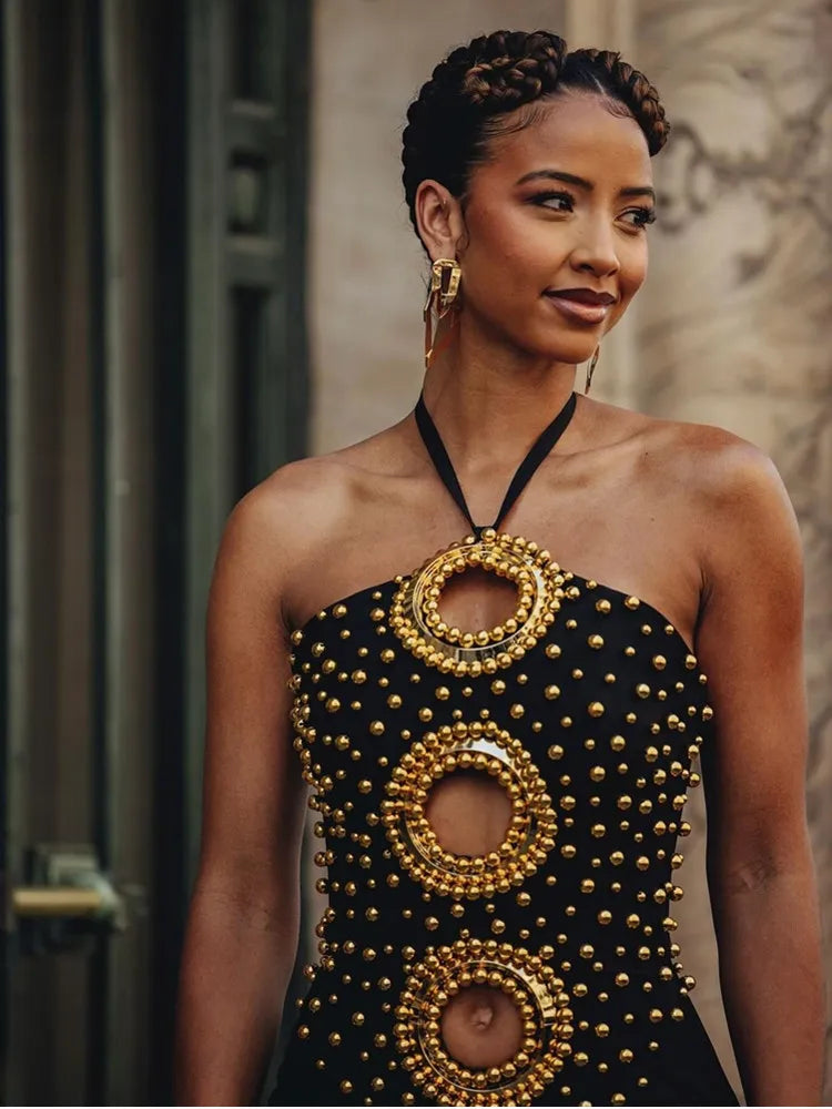 Women Sexy Backless Halter Pearl Black Maxi Long Beading Celebrity Bodycon Bandage Dress 2025 Elegant Evening Club Party Outfit