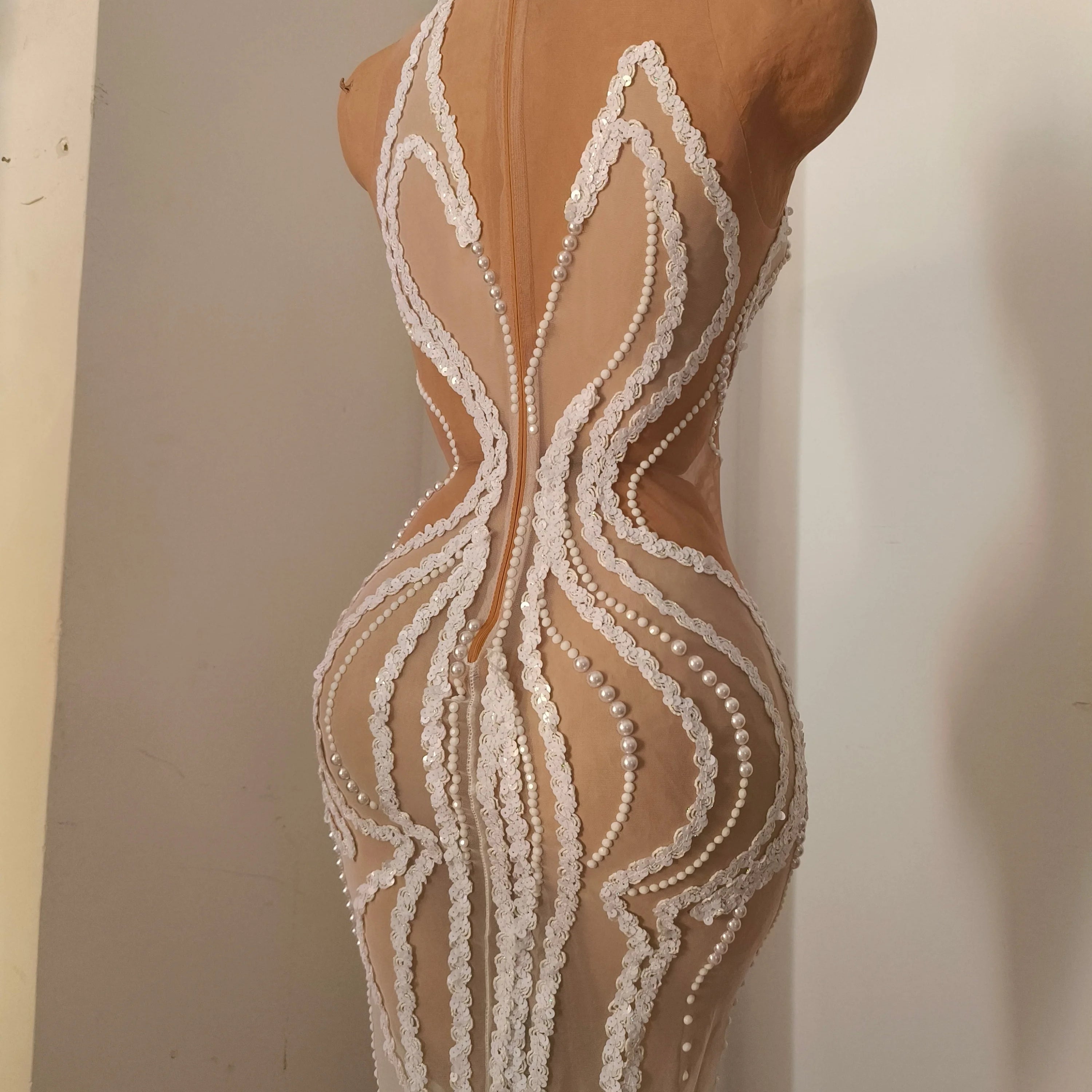 Refined White Sheer Mesh Maxi Dress Women Sexy High Neck Pearl Lace Bodycon Cocktail Nightclub Evening Gala Party Costume
