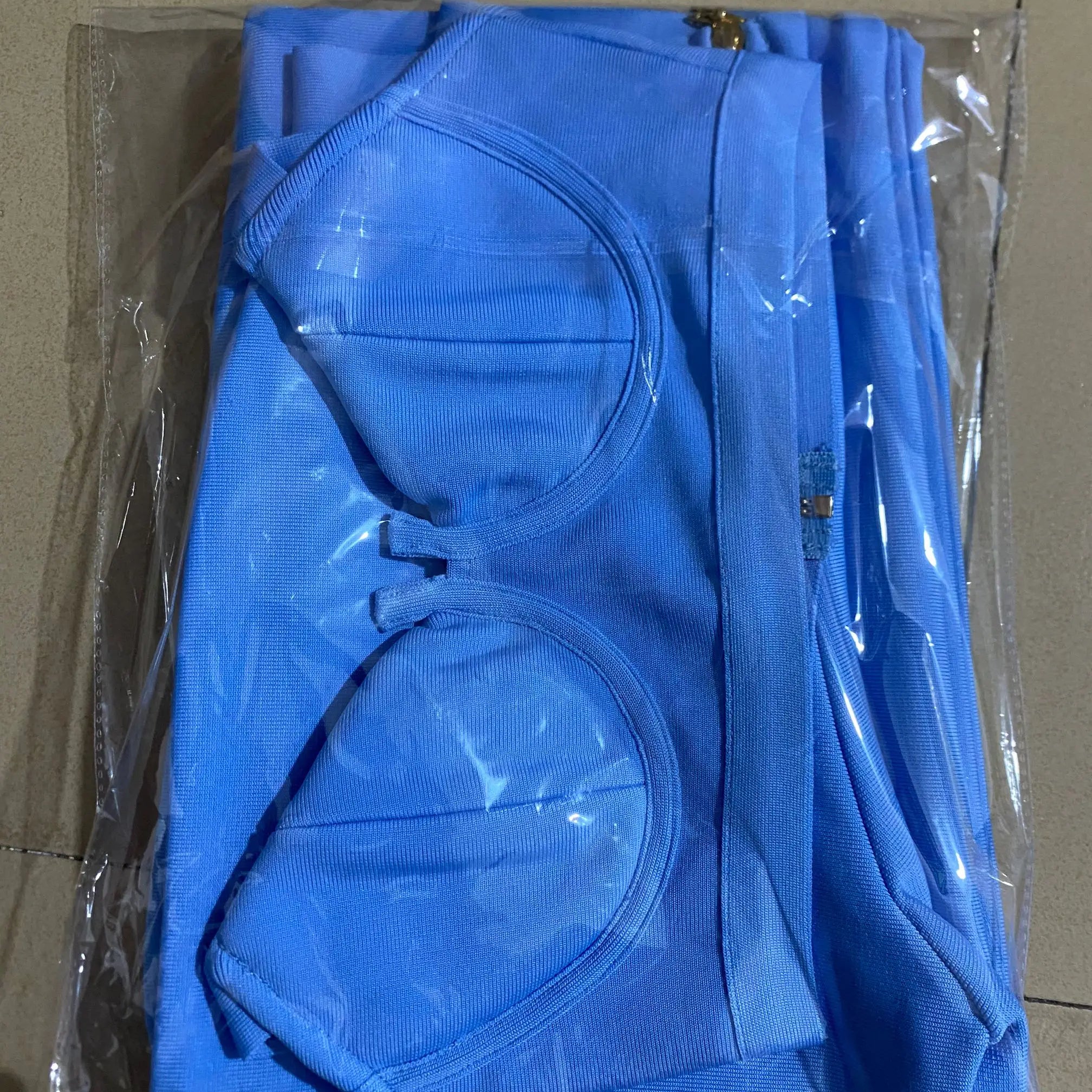 2024 Summer New Fashion Celebrity Sexy Bandage Two-piece Set Tight Short Top & High Waist Flared Trousers Pants Set SKY BLUE