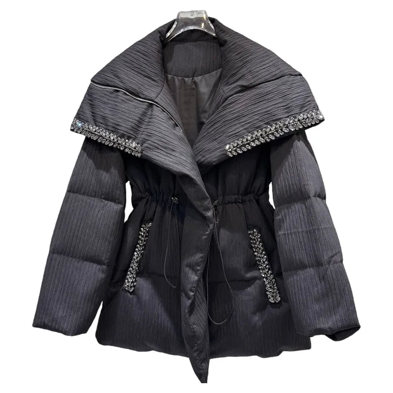 Winter New Heavy Beaded Lapel Drawstring Waist Warm Mid-Length Jacket For Women Loose Cotton-padded Coat 11A07671