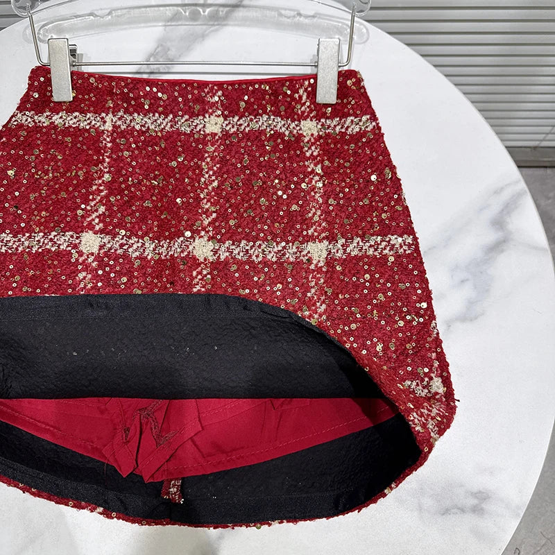 Winter New Fashion Sequin Woven Tweed Plaid A-line Skirt For Women Wrapped Hip A-line Short Skirts Female 11A07960