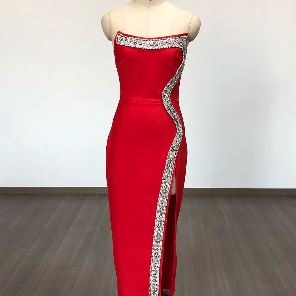 Red Black Women Sexy Strapless Shinning Diamond Line Bodycon Long Bandage Dress Elegant Birthday Party Cocktail Dress Outfit Red