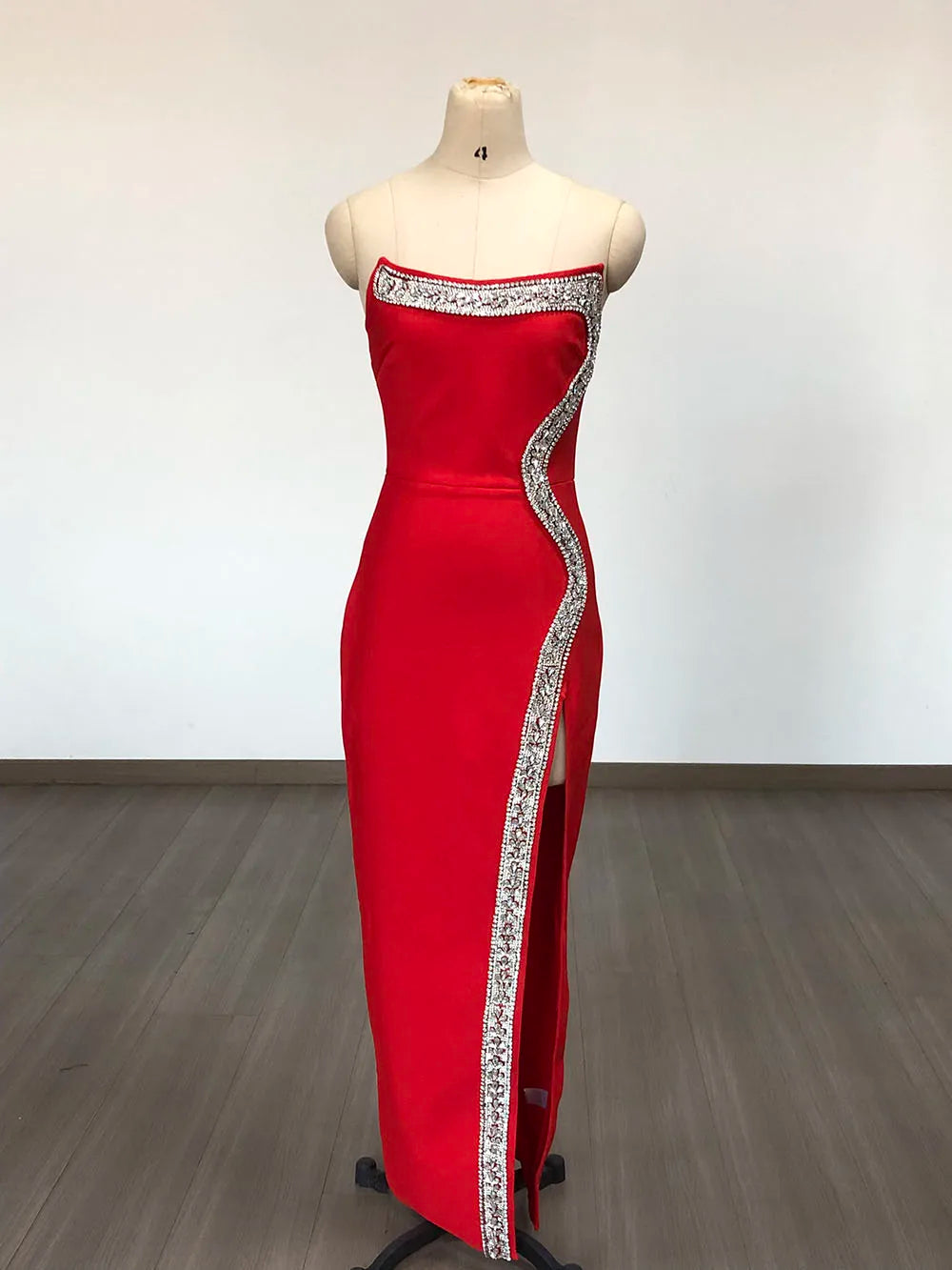 Red Black Women Sexy Strapless Shinning Diamond Line Bodycon Long Bandage Dress Elegant Birthday Party Cocktail Dress Outfit Red