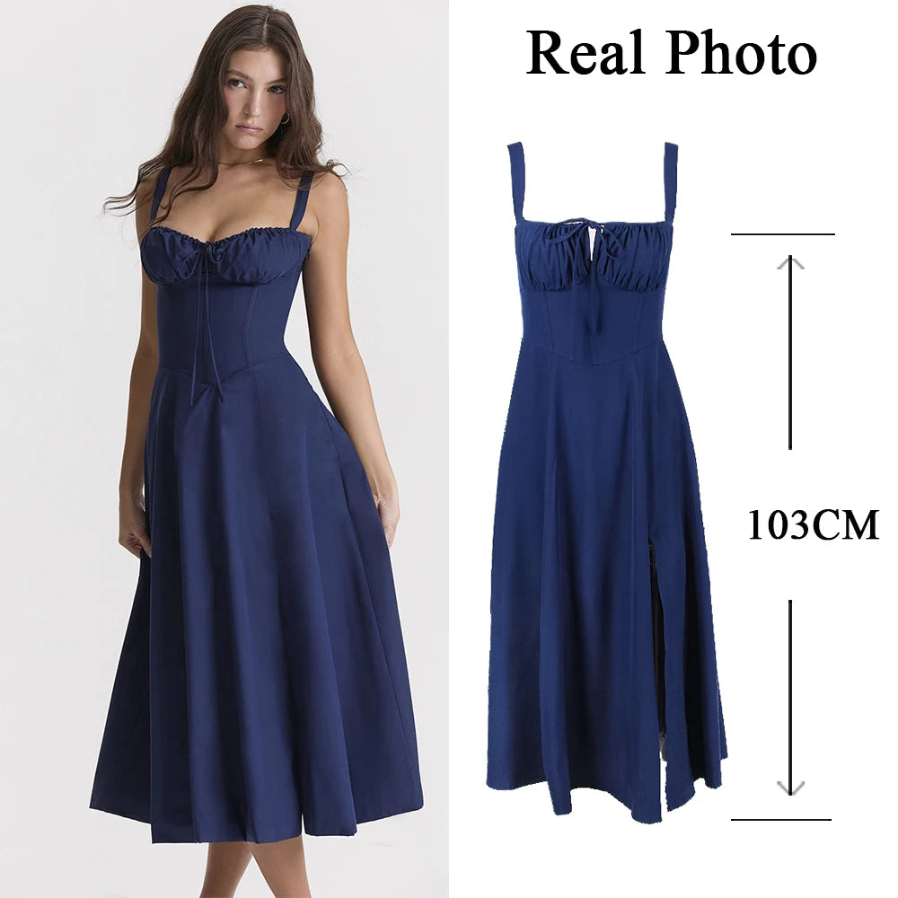 Suninheart Women's Summer Floral Print Dresses Sweet Elegant Midi Holiday Dress Casual Slit Blue Lace Up Dresses 2023 royal blue