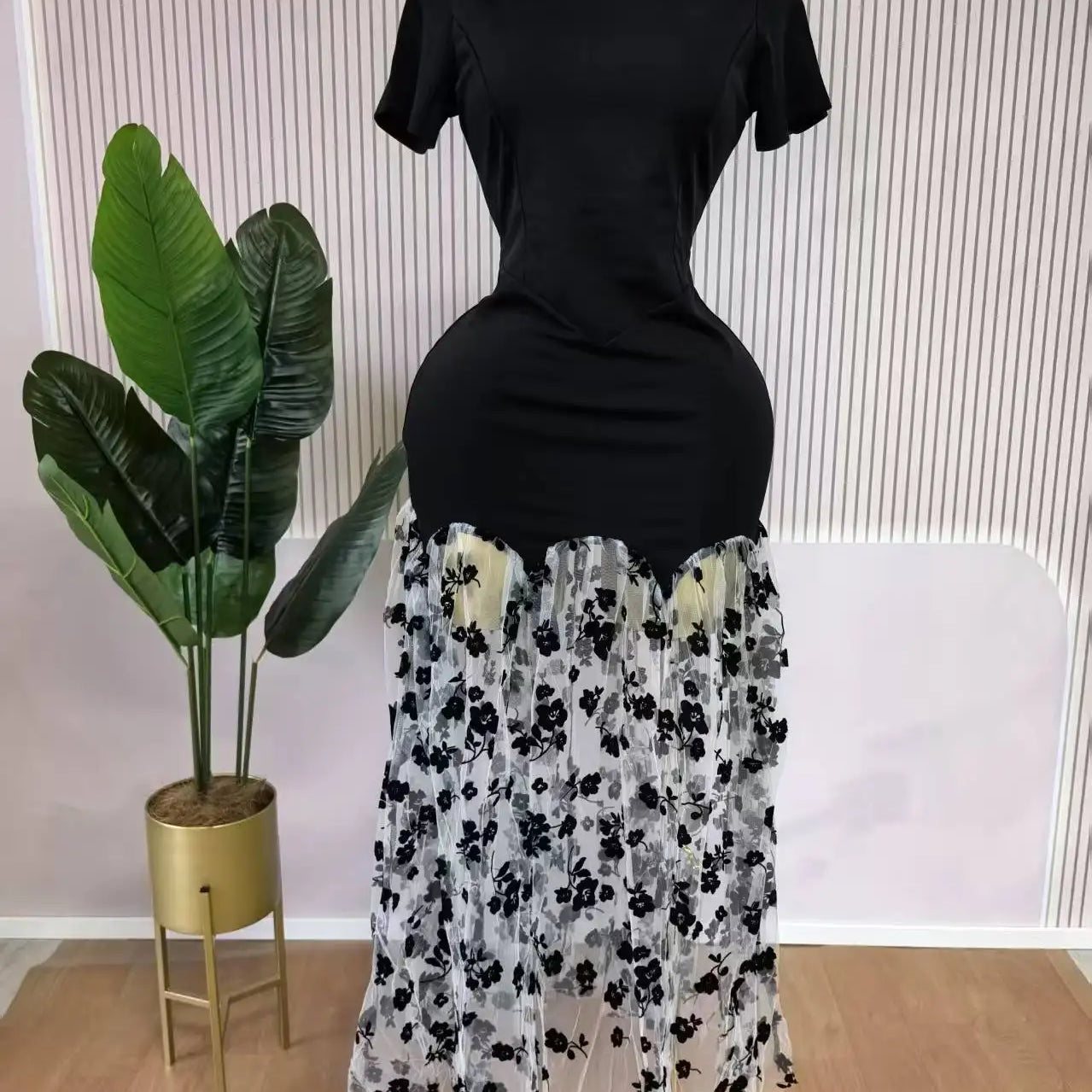 CM.YAYA Women Short Sleeve O-neck Mesh Floral Printed Long Maxi Bodycon Mermaid Dress 2025 Birthday Night Party Vestidos Dresses