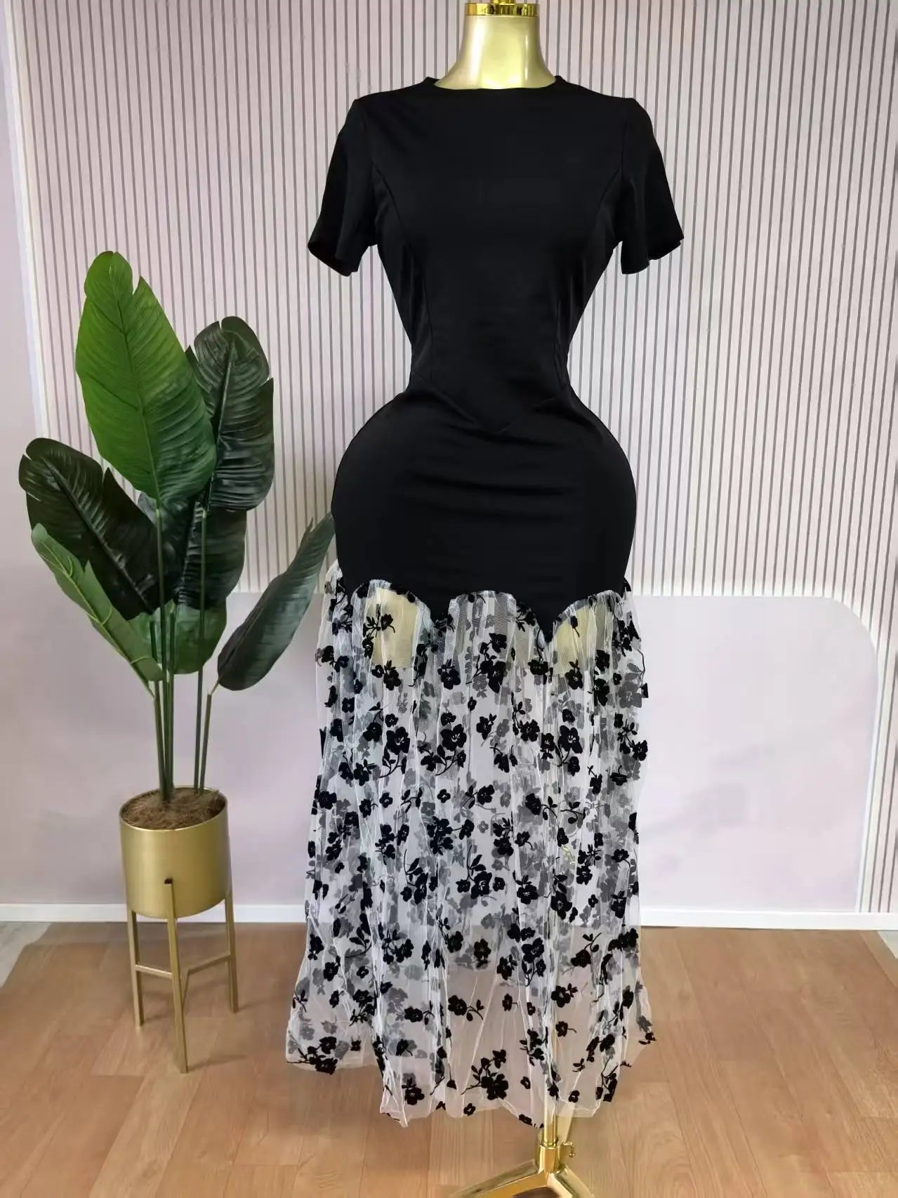 CM.YAYA Women Short Sleeve O-neck Mesh Floral Printed Long Maxi Bodycon Mermaid Dress 2025 Birthday Night Party Vestidos Dresses