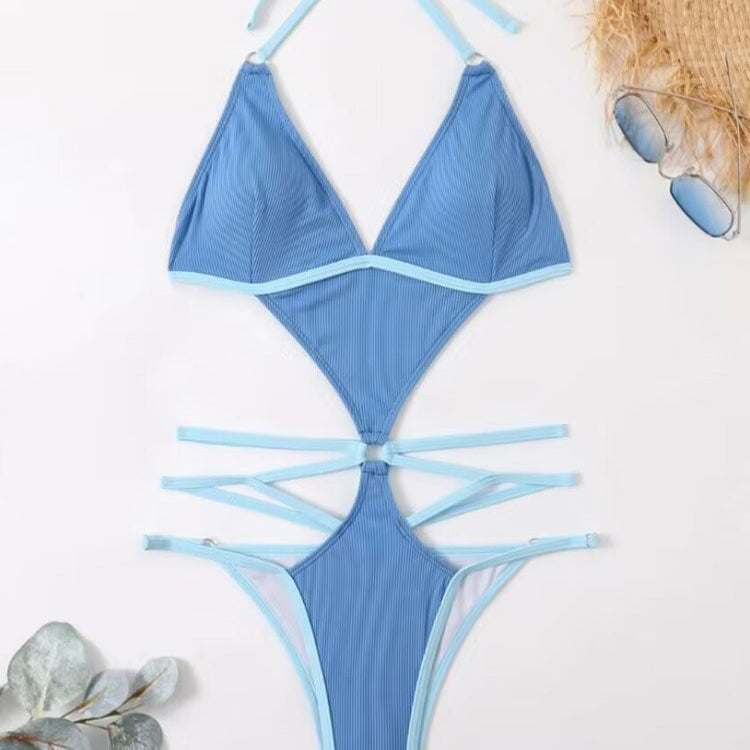 Sexy Blue Halter Swimwear String Cross Hollow One Piece Swimsuit - Monokini High Cut Backless Bathing Suit