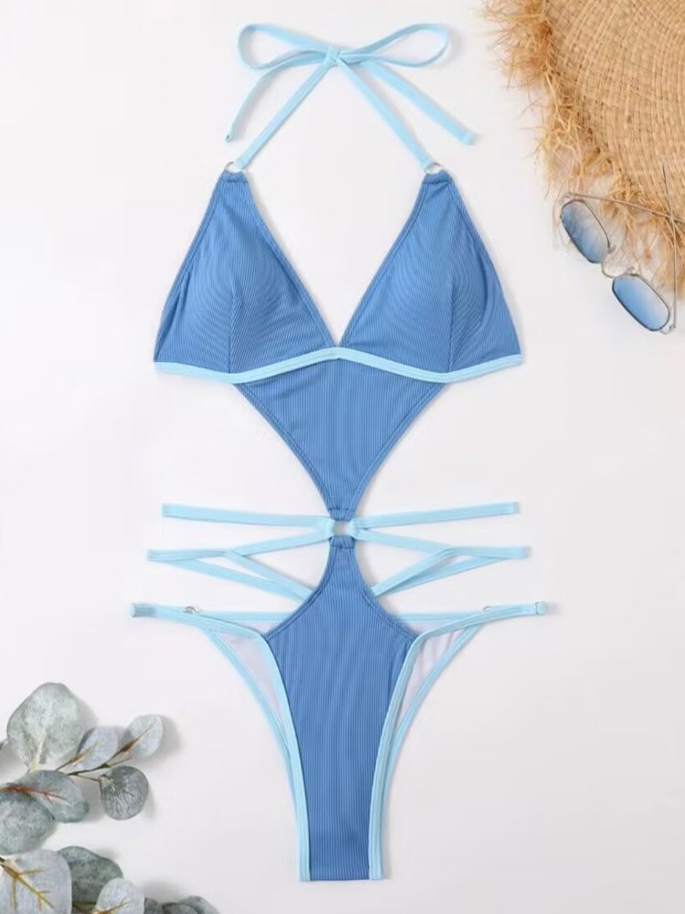 Sexy Blue Halter Swimwear String Cross Hollow One Piece Swimsuit - Monokini High Cut Backless Bathing Suit