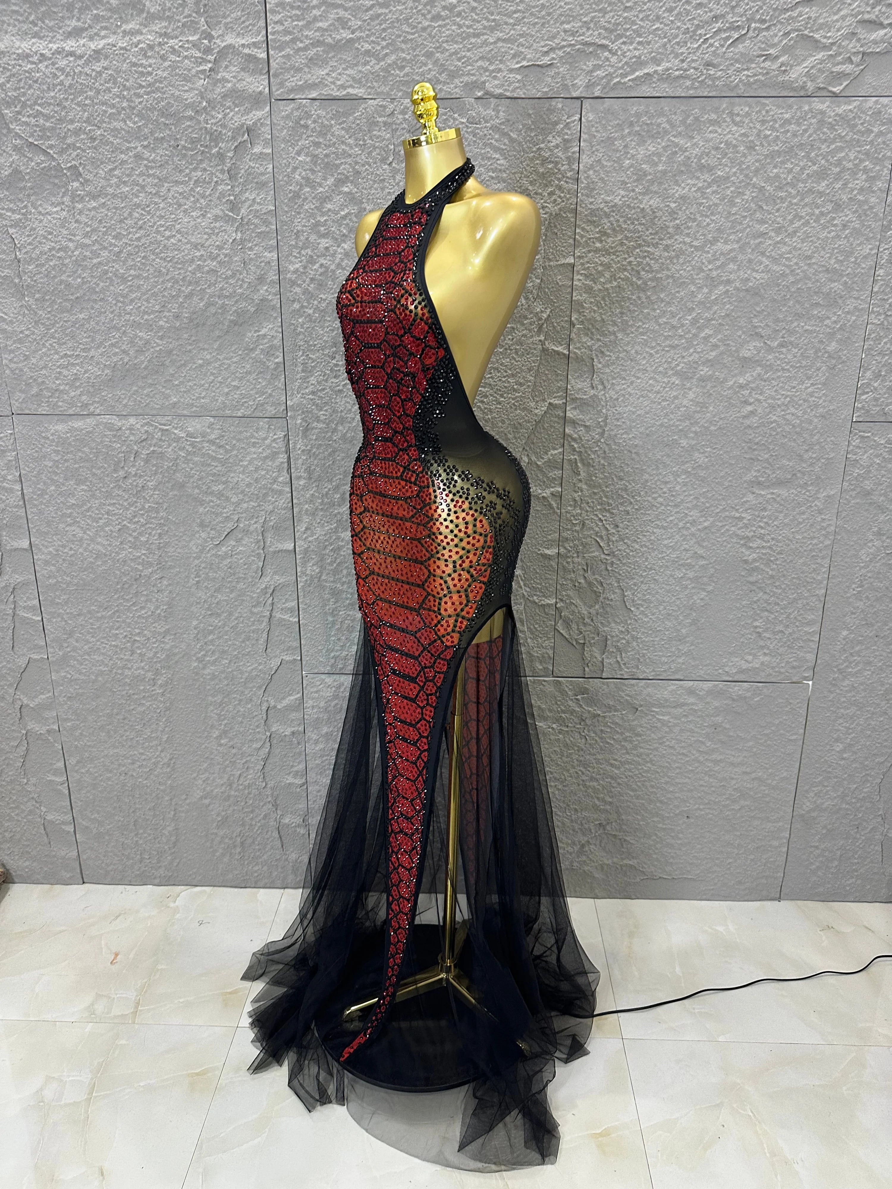 Luxurious Rhinestone Opulent Maxi Dress Women Halter Neck Sheer Mesh Black Red Crystal Embellished Stage Gown