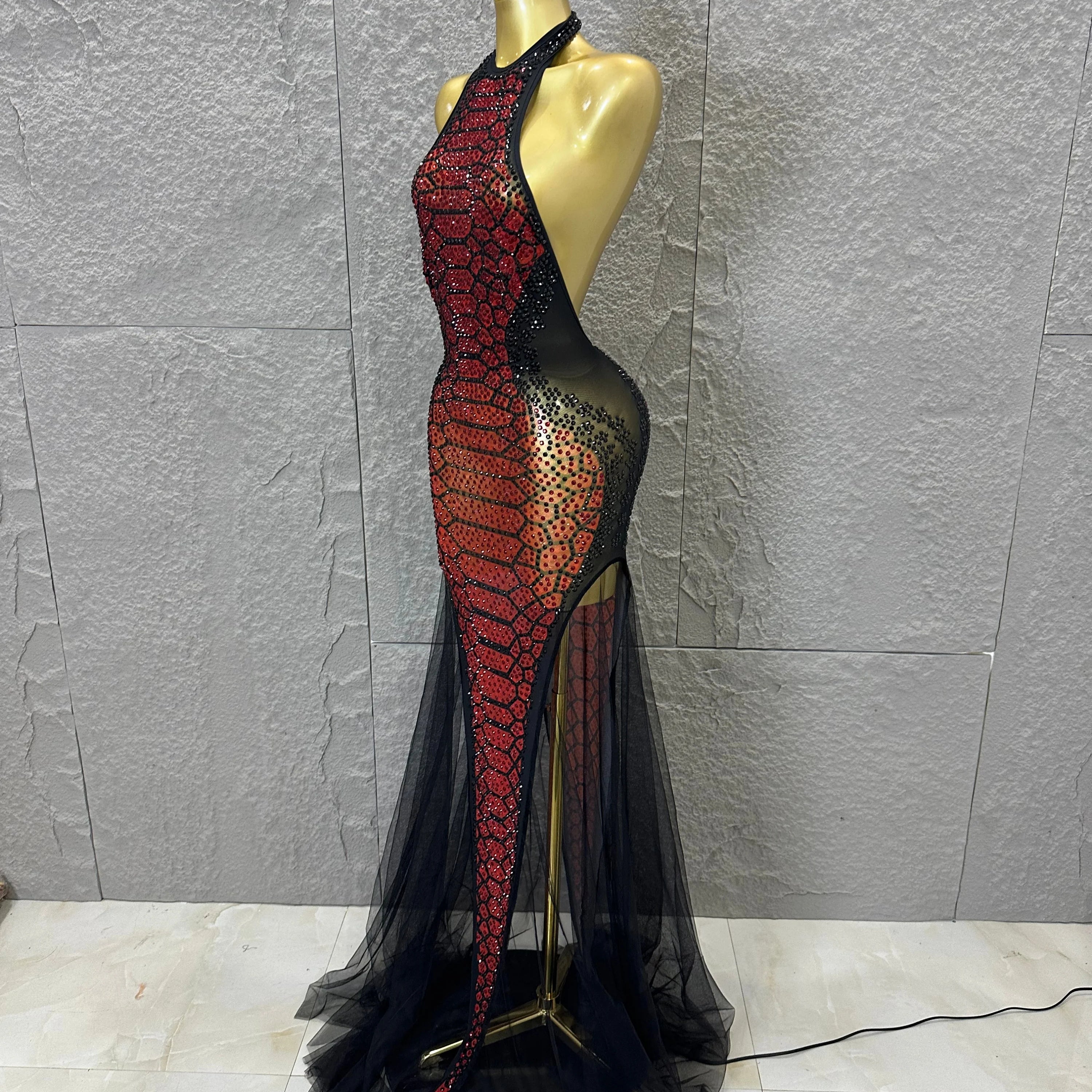 Luxurious Rhinestone Opulent Maxi Dress Women Halter Neck Sheer Mesh Black Red Crystal Embellished Stage Gown