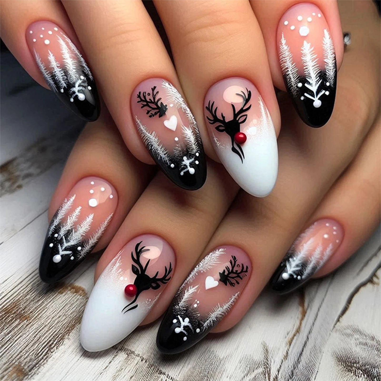 24Pcs Christmas Fake Nails Reindeer Printed Short Almond Press On Nails Black/White French Reusable False Nails DIY Manicure As show