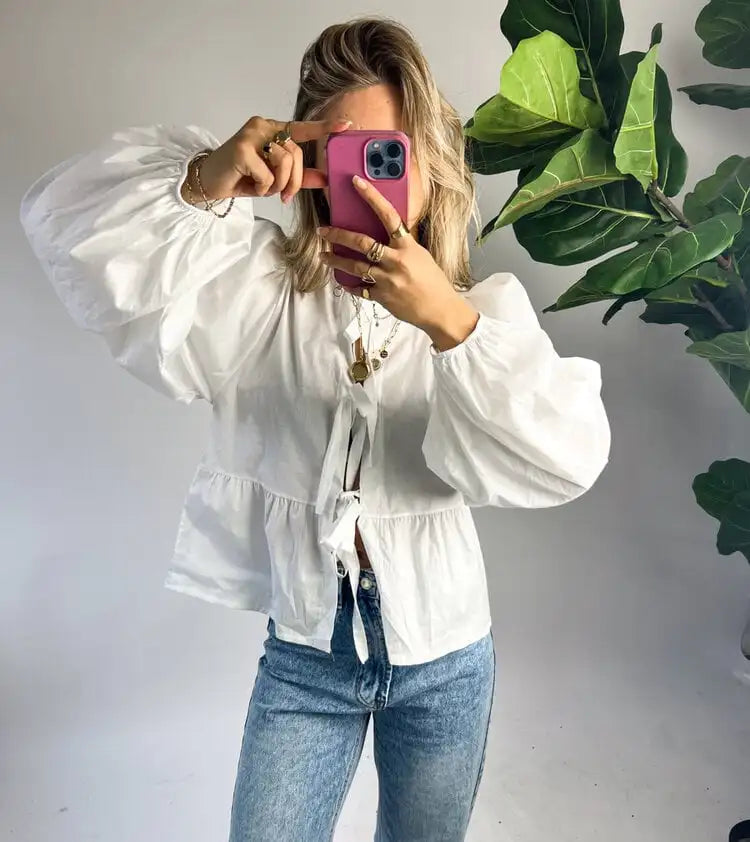 Bow Tied Lace Up Shirt Women Pleats Office Puff Sleeve Female Chic Slim Solid Tops Summer Sweet Lady V Neck Tops long sleeve white