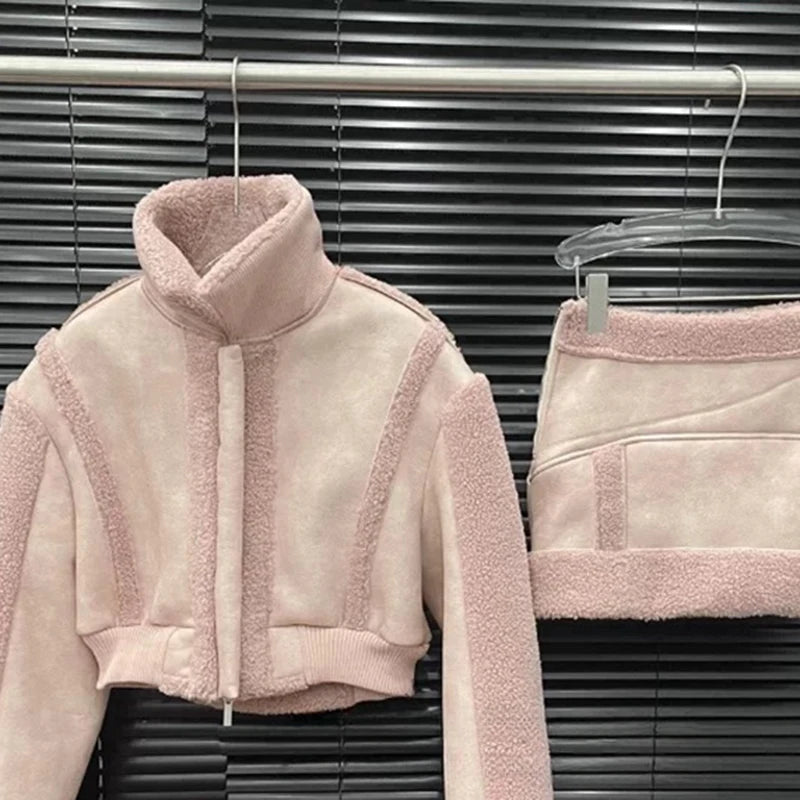 Autumn Winter New Fashion Fur-Lined Thickened Short Coat Patchwork Short Skirt Two-Piece Set For Women 11A07782