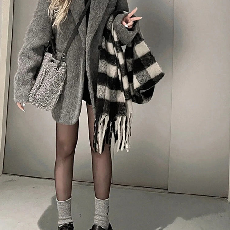 Lautaro Autumn Winter Grey Black Warm Soft Woolen Blazer Women Long Sleeve Single Breasted Korean Fashion New in Coats & Jackets