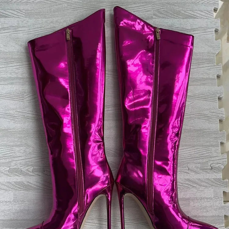 Thigh High Boots Candy Color Mirror Leather Women Knee High Boots High Heels Stilettos Runway Shoes for Women High Heel Boots 05purple12cm