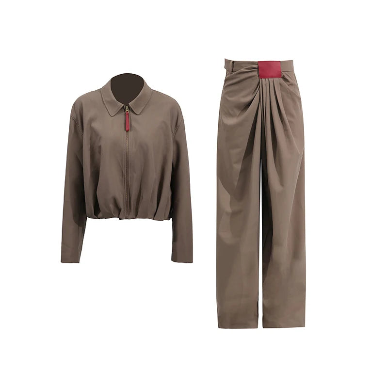 Fashion Casual Two Piece Sets for Women Lapel Long Sleeves Patchwork Zipper Top High Waist Wide Leg Pant Set Female