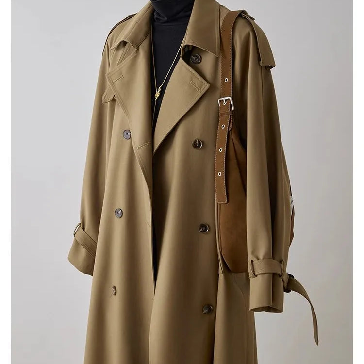 Lautaro Spring Autumn Oversized Khaki Long Trench Coat for Women Double Breasted Loose Casual Black Korean Fashion Overcoat 2025