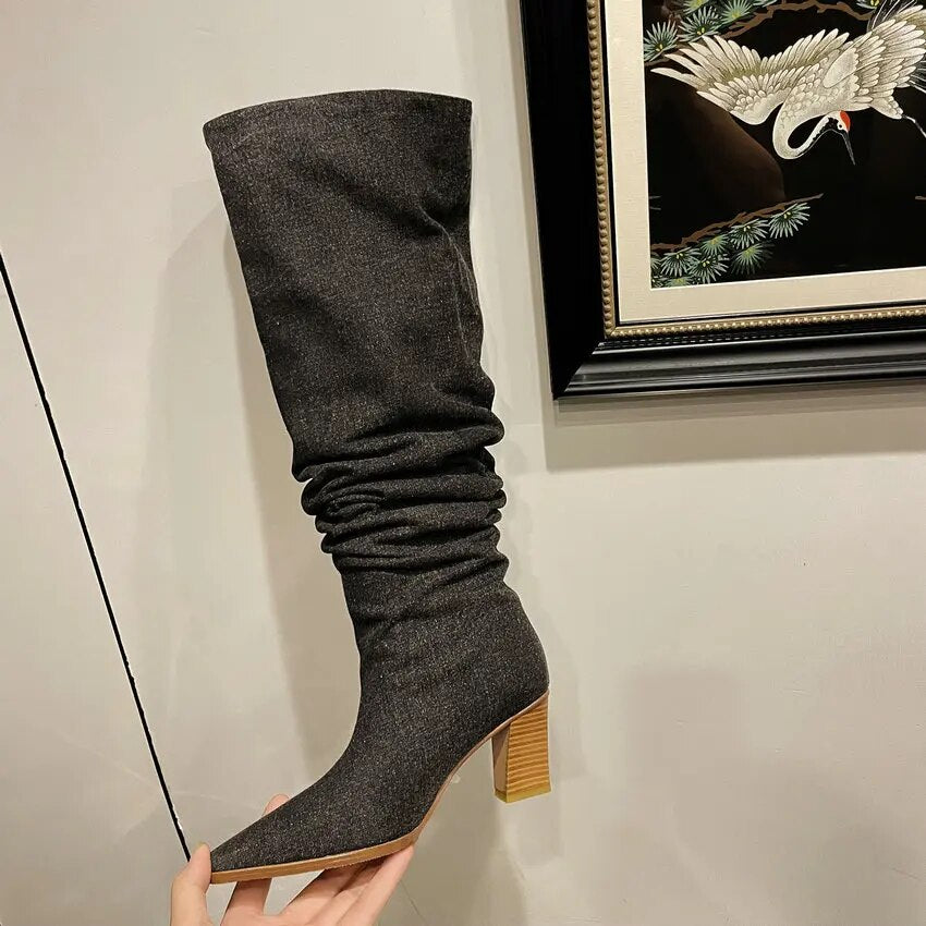 QUTAA 2024 Autumn Winter New Women Knee High Boots Thick High Heels Elegant Office Lady High Boots Shoes Woman Size 34-39