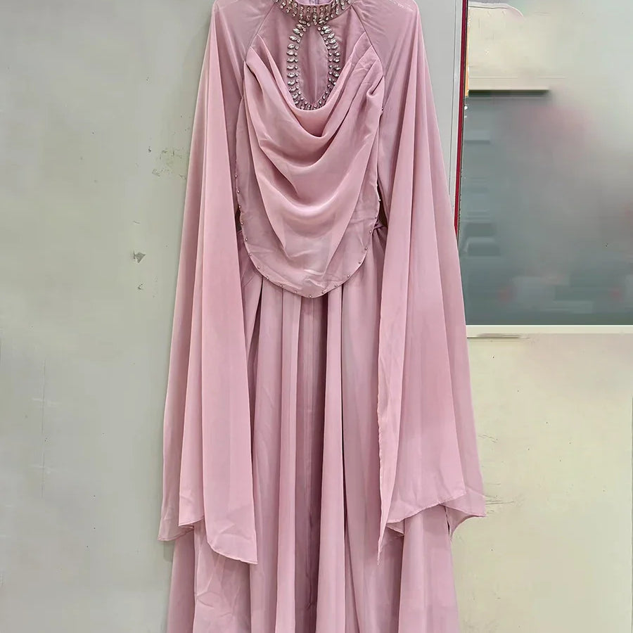 Solid Loose Sheer Spliced Bead Elegant Dresses for Women High Neck Long Sleeves Patchwork Folds Dress Female New PINK