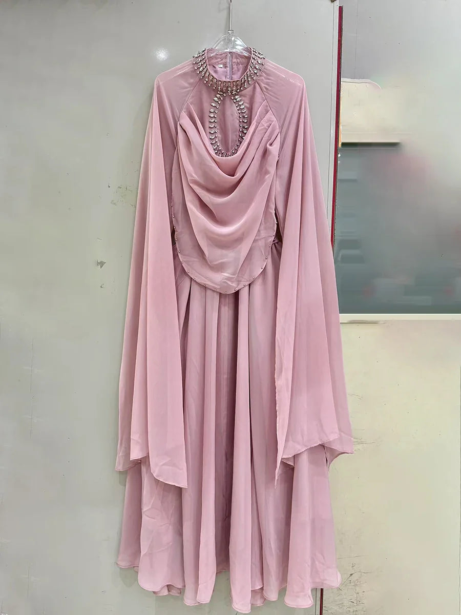 Solid Loose Sheer Spliced Bead Elegant Dresses for Women High Neck Long Sleeves Patchwork Folds Dress Female New PINK