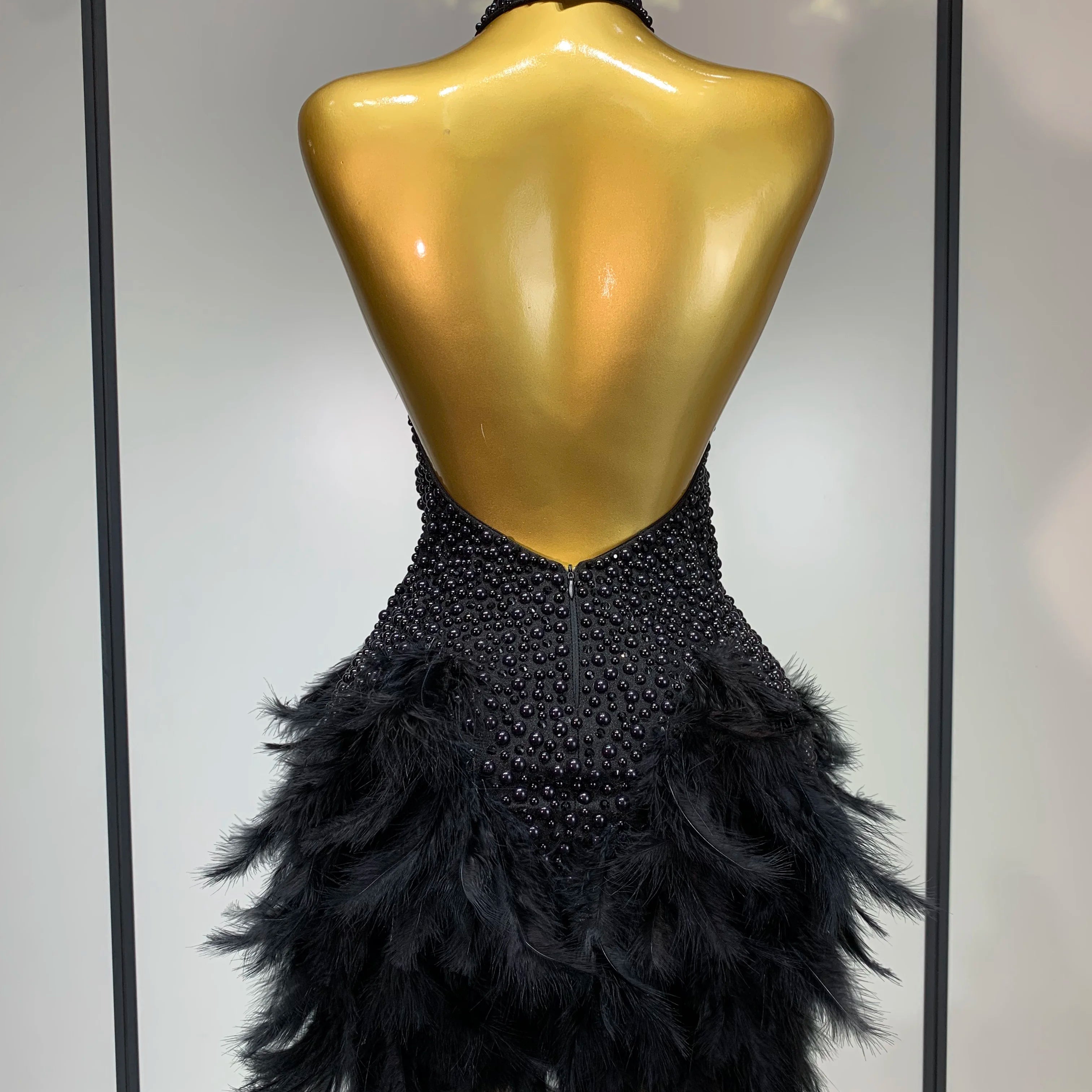 Sexy Backless Feathers Performance Costume Stage Dancer Black Mini Stretchy Nightclub Luxury Birthday Evening Party Dresses
