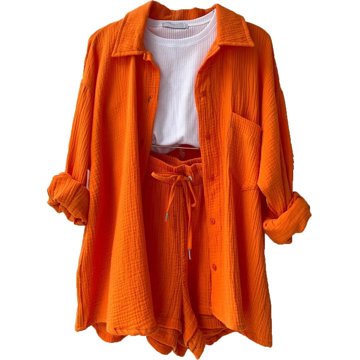 2 Piece Casual Sleepwear Cotton Pajamas for Women Turn-Down Collar Sleep Tops Suits with Shorts Gauze Cardigan Homewear Summer Orange