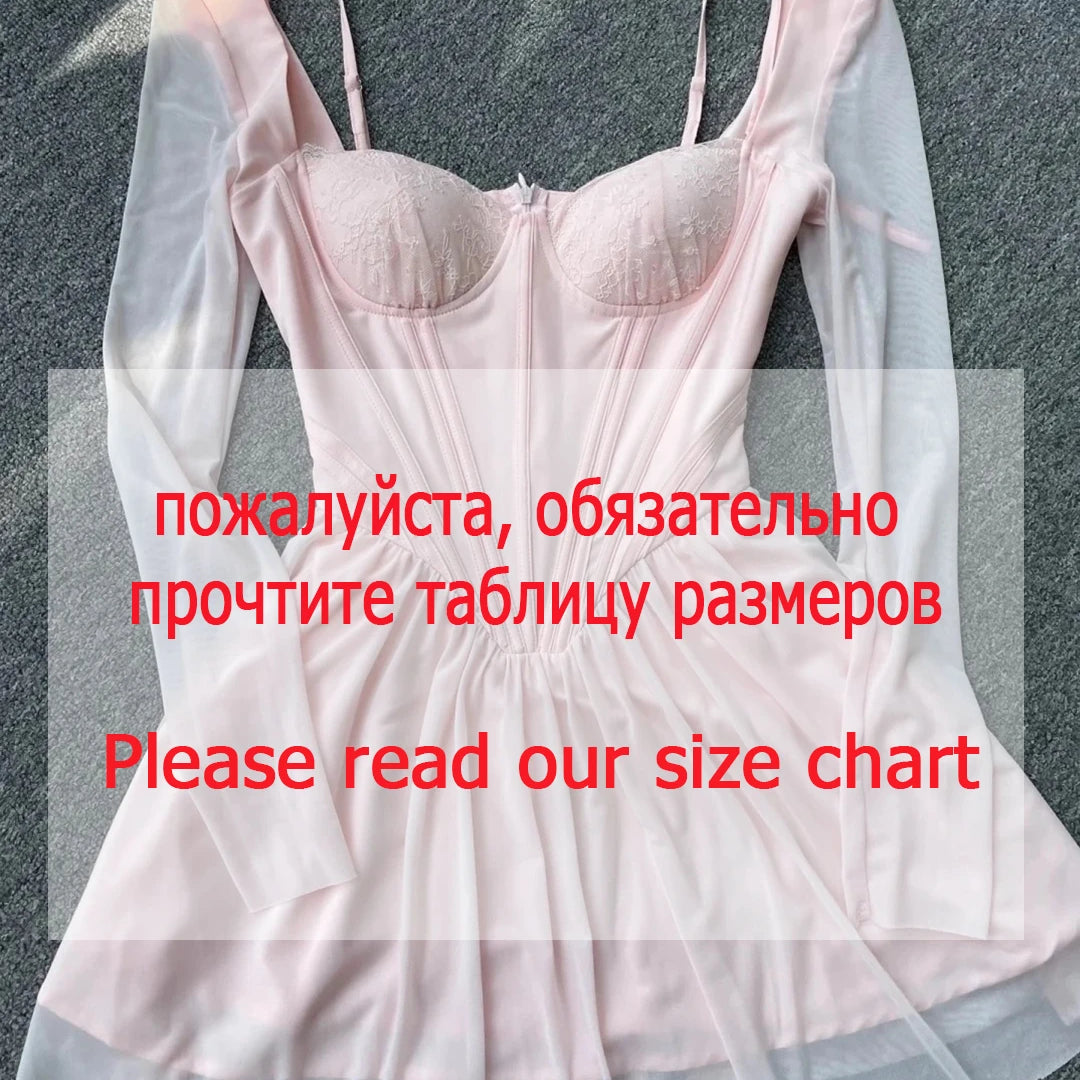 Suninheart Autumn Mesh Long Sleeve Dress Pink A Line Bodycon Birthday Party Dress Mini Holiday Vacation Dress Women 2023 with sleeve