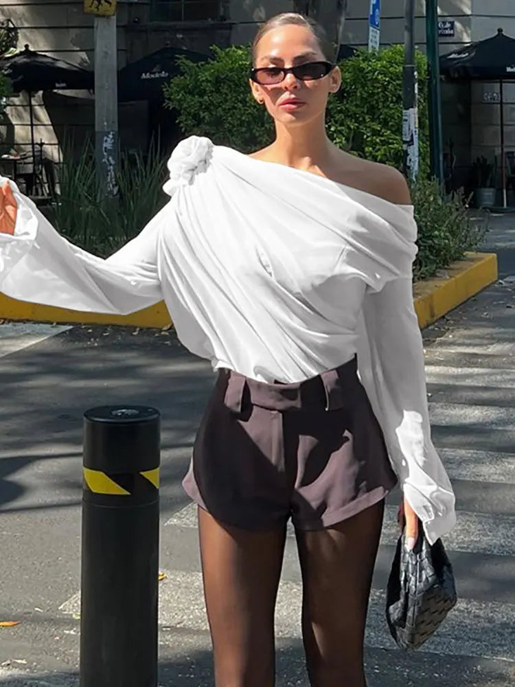 GACVGA Skew Collar Floral Mesh Chiffon Blouses Tops Tshirt Elegant T Shirt Fashion Crop Top See Through Women's Blouses & Shirts White