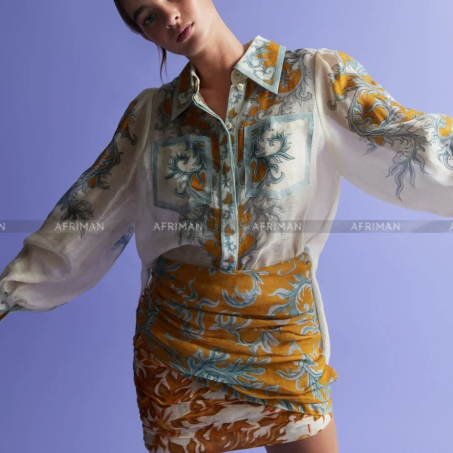 Women Position Printed Lantern Sleeve Lapel Loose Linen Shirt + Pleated Buttocks Wrapped Short Skirt Set set