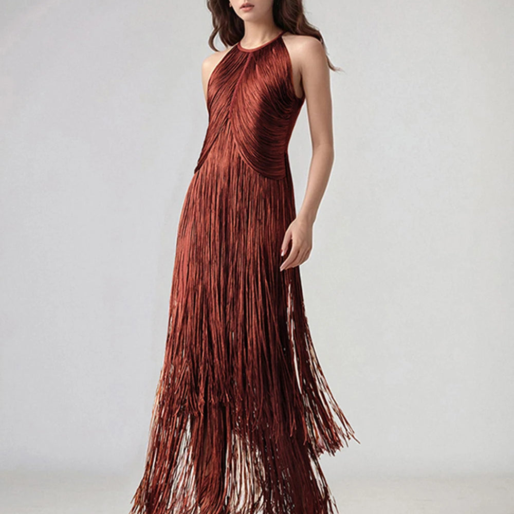 Modphy Sexy Tassel Ankle Bodycon Bandage Long Dress 2025 New Celebrity Elegant Evening Club Luxury Birthday Party Outfit ﻿