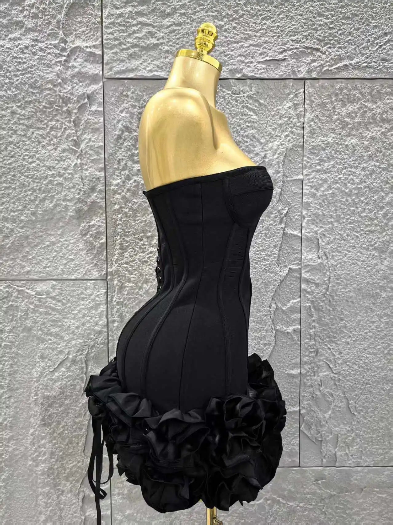 Black Color Women Sexy Strapless Florals Bodycon Mini Ball Gown Bandage Dress Celebrate Nightclub Party Bar Birthday Outfit