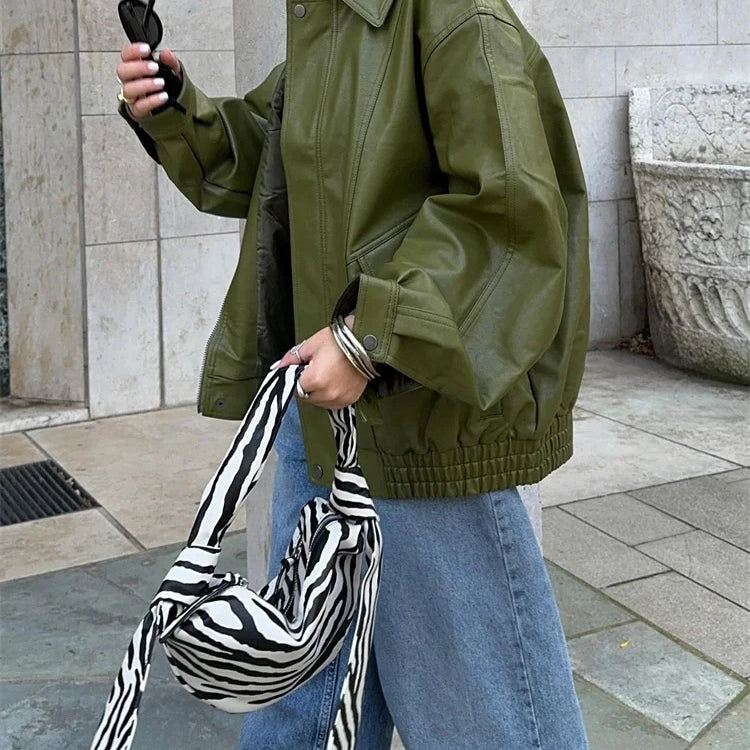 Green PU Leather Jacket Women Retro Laple Zipper Loose Full Sleeve Oversized Coat Female 2025 New Fashion Lady Solid Streetwear
