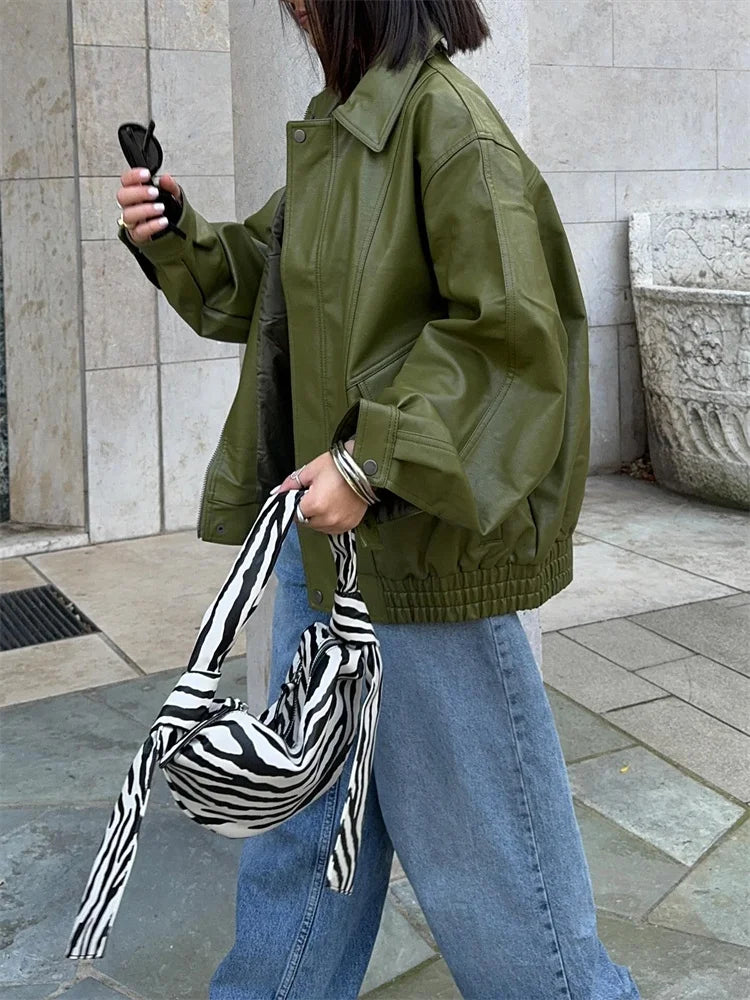 Green PU Leather Jacket Women Retro Laple Zipper Loose Full Sleeve Oversized Coat Female 2025 New Fashion Lady Solid Streetwear