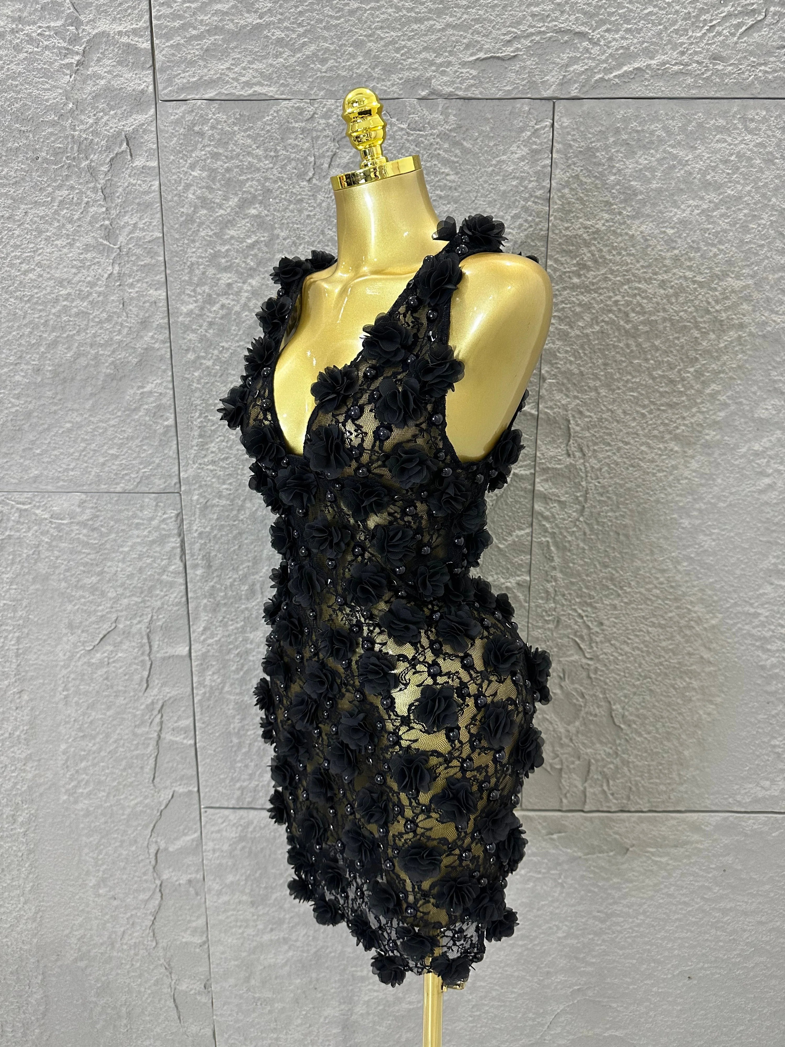 Luxury Black Sheer Mesh Floral Appliqué Mini Dress Deep V Neck Fitted Bodycon Formal Dinner Cocktail Event Party Dress