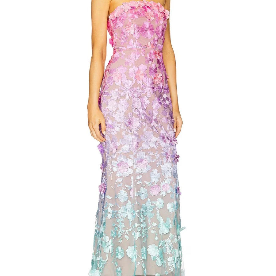 Colorblock Spliced Appliques Elegant Dresses for Women Strapless Sleeveless Gradient Dress Female Fashion Clothing