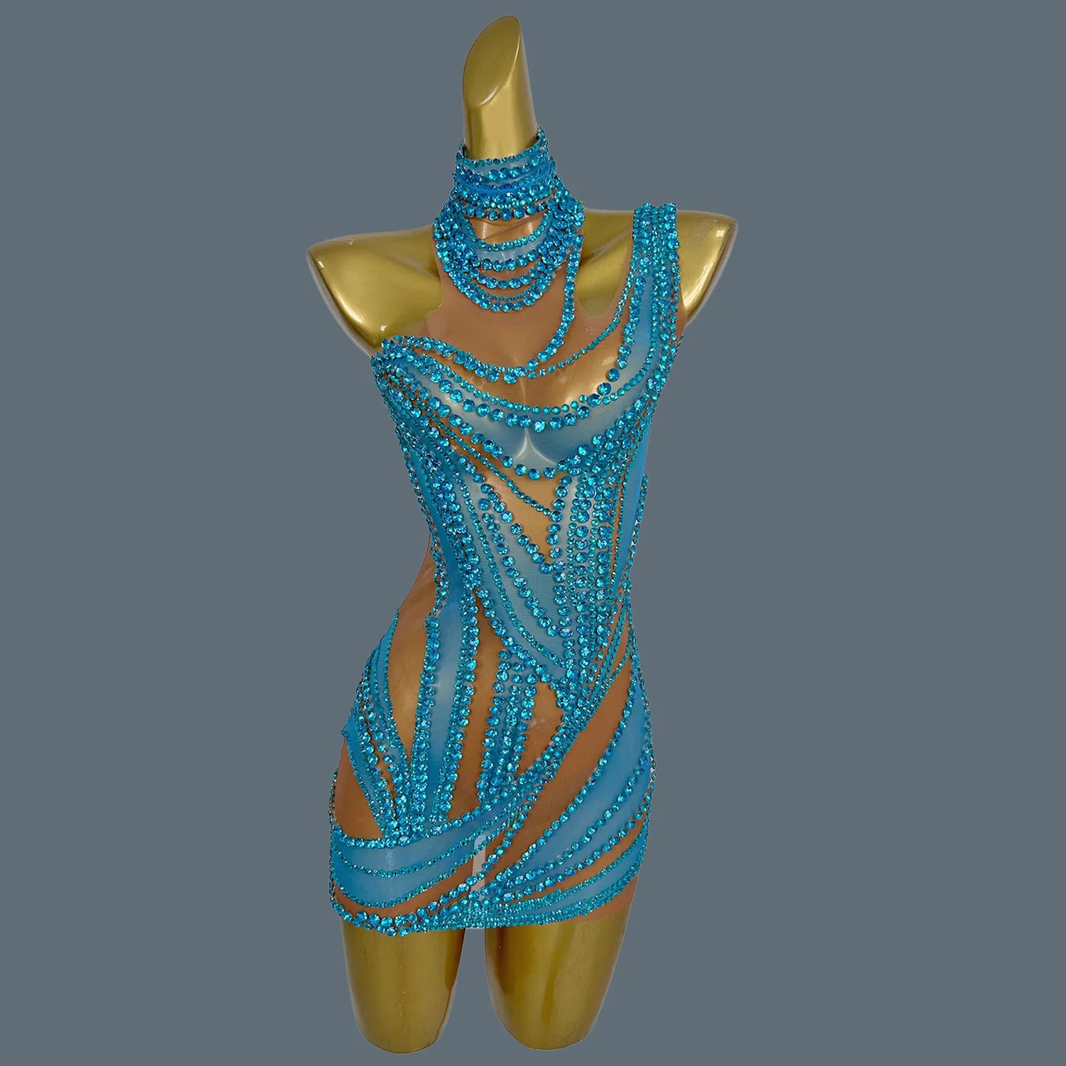 Sparkly Rhinestone Mini Dress Sexy Mesh See Through Party Event Prom Celebrate Birthday Dress Singer Show Wear Liuzhuan SKY BLUE One Size