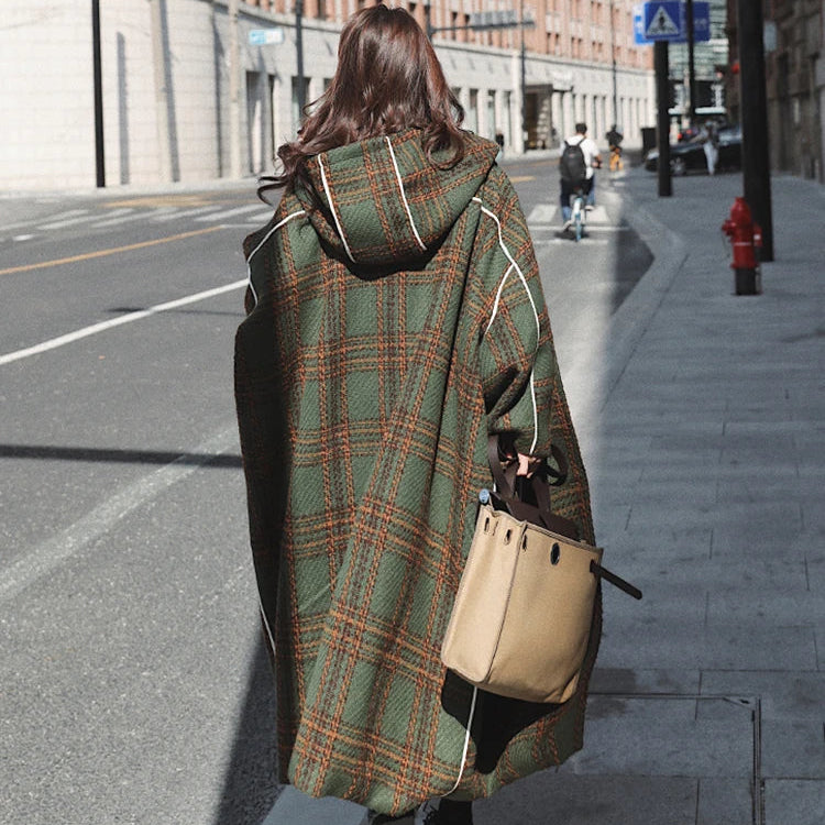 Autumn Winter Long Oversized Warm White Patchwork Plaid Wool Blends Trench Coats Women with Hood Runway Korean Fashion