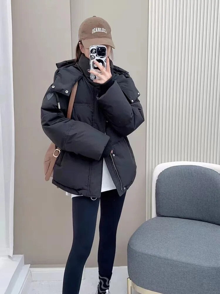 Women Cotton Padded Hooded Puffer Parkas Female Casual Thick Warm 2024 Autumn Winter Coats Loose Jackets Outerwear K801B Black