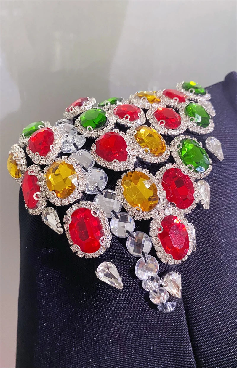 Luxury Colorful Diamonds Sexy Square Collar Black Bandage Dress Fashion Woman Evening dress Celebrity Cocktail Party Outfit