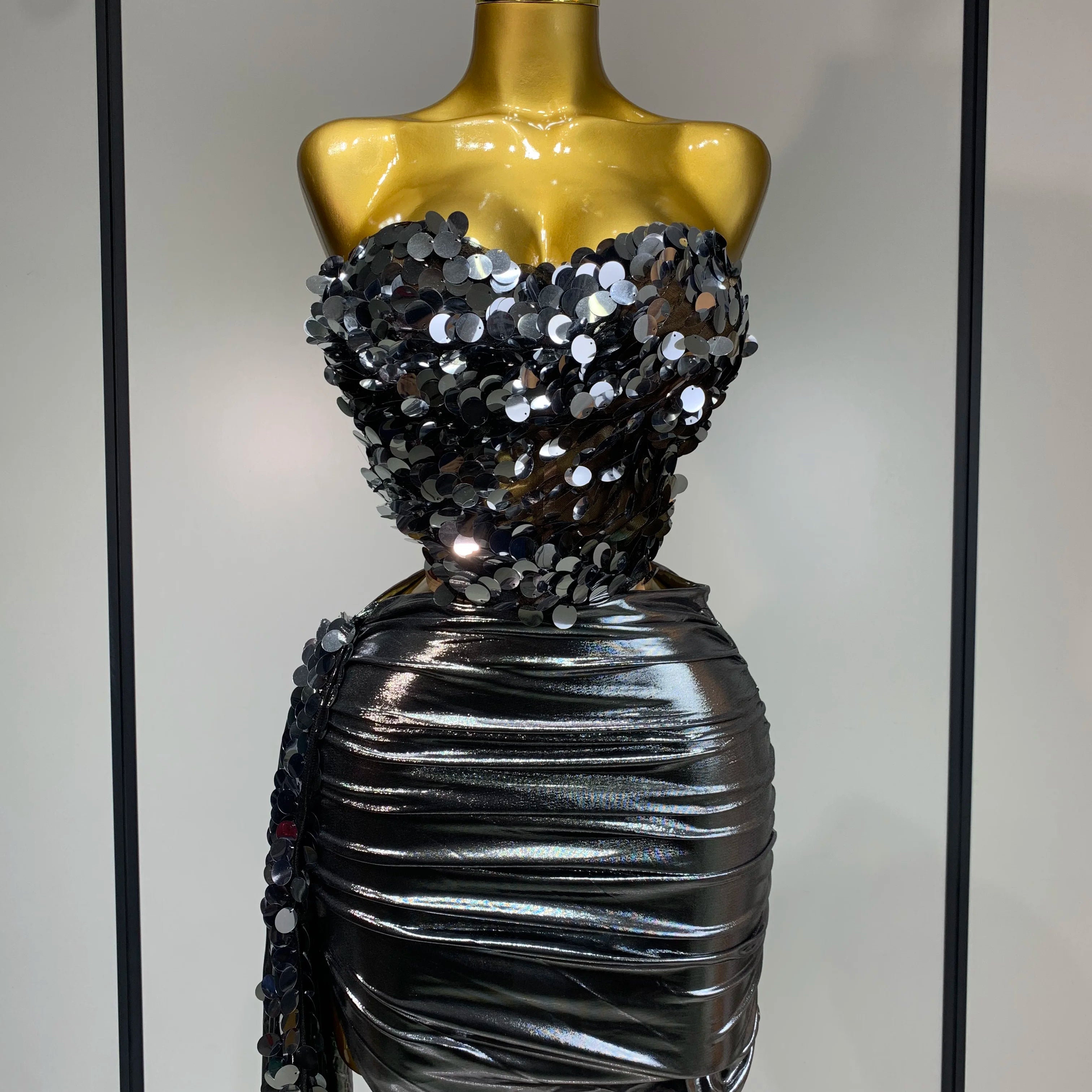 Sparkly Sequin Two Piece Set Sexy Strapless Backless Women Outfit Evening Party Nightclub Stage Performance Dance Costume GRAY