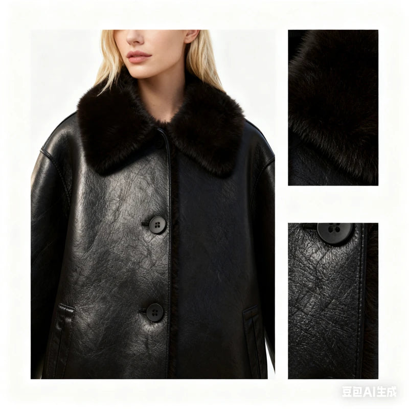 INQFEIR Faux Leather Jacket for Women, Fuzzy Collar Button Down Short Coat, Vintage Style Outerwear for Fall Winter