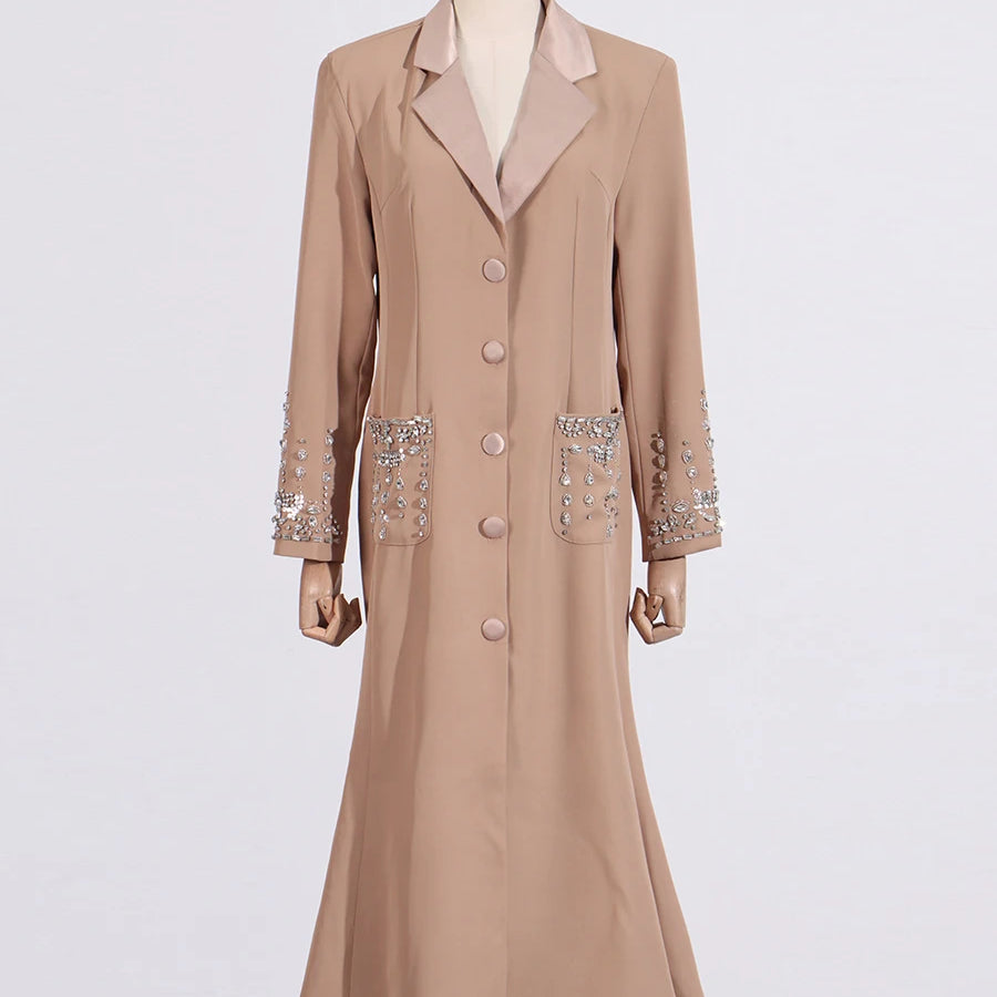 Solid Slimming Spliced Diamonds Dresses for Women Lapel Long Sleeves Patchwork Single Breasted Dress Female Fashion KHAKI