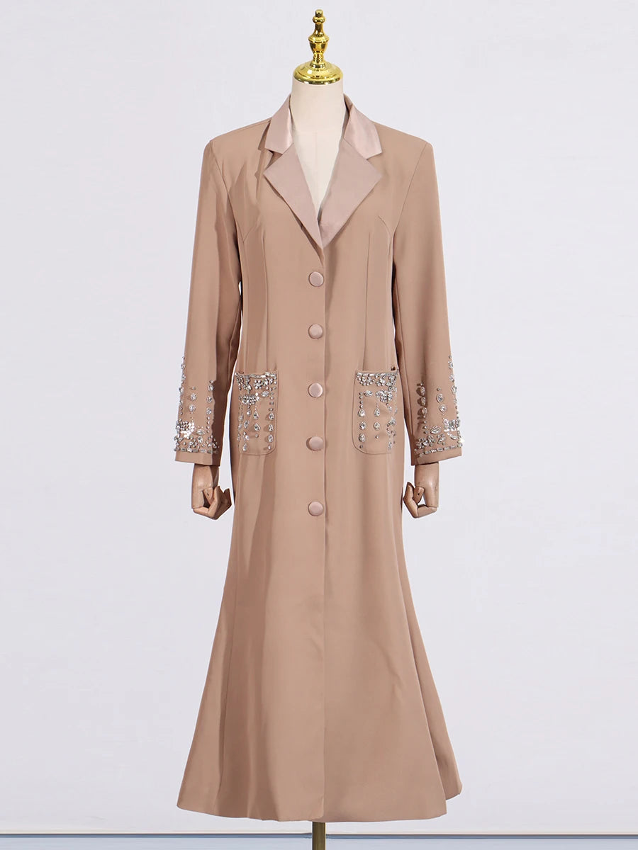 Solid Slimming Spliced Diamonds Dresses for Women Lapel Long Sleeves Patchwork Single Breasted Dress Female Fashion KHAKI